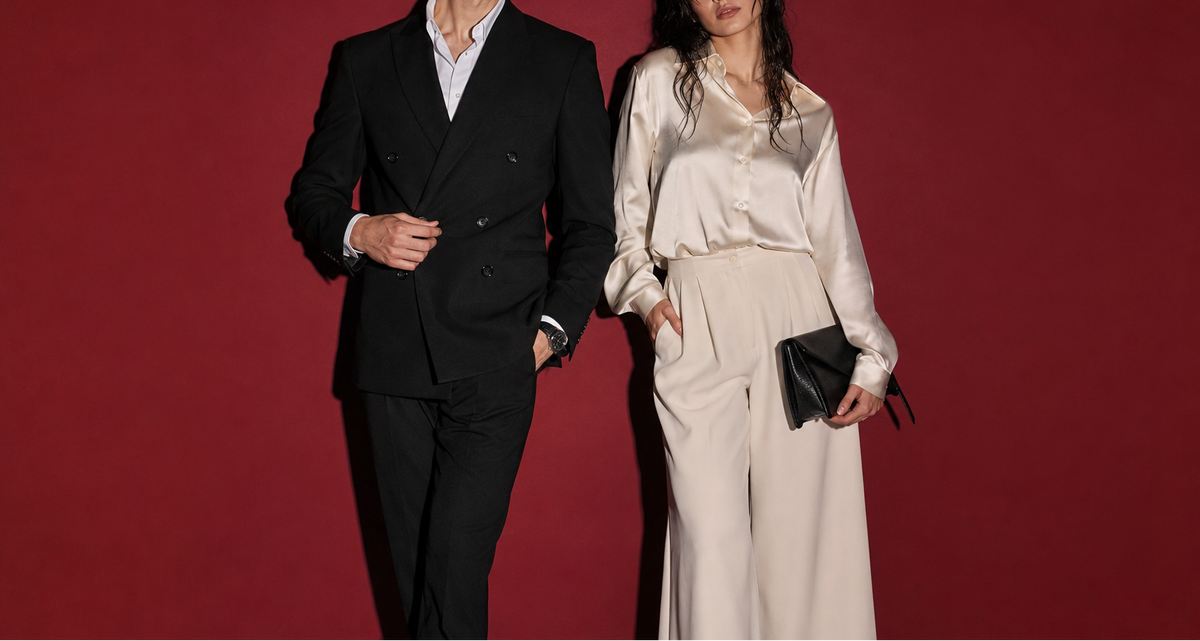 Man and woman posing against a red background