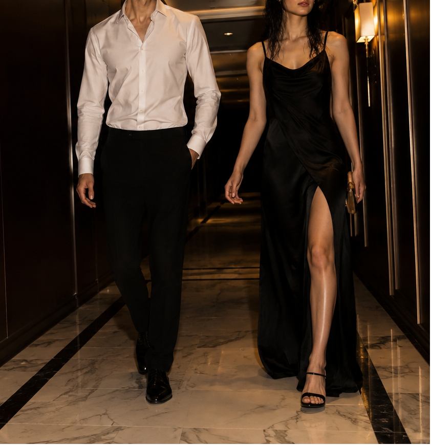 Man and woman walking down a hallway in formal attire.